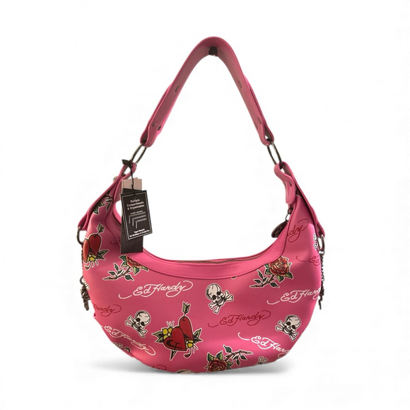 Ed Hardy Candy Pink Skulls Hearts & Roses Small Studded Hobo Shoulder bag charms - Picture 3 of 10